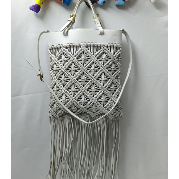 Tory Burch White Leather Woven Braided Macramé Fringe Limited Ed Crossbody Bag - Picture 15 of 16
